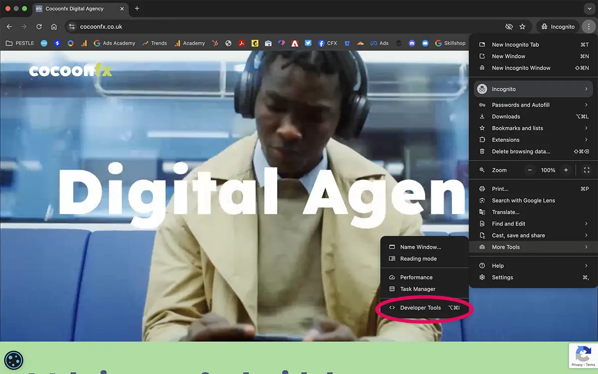 Developer tools menu